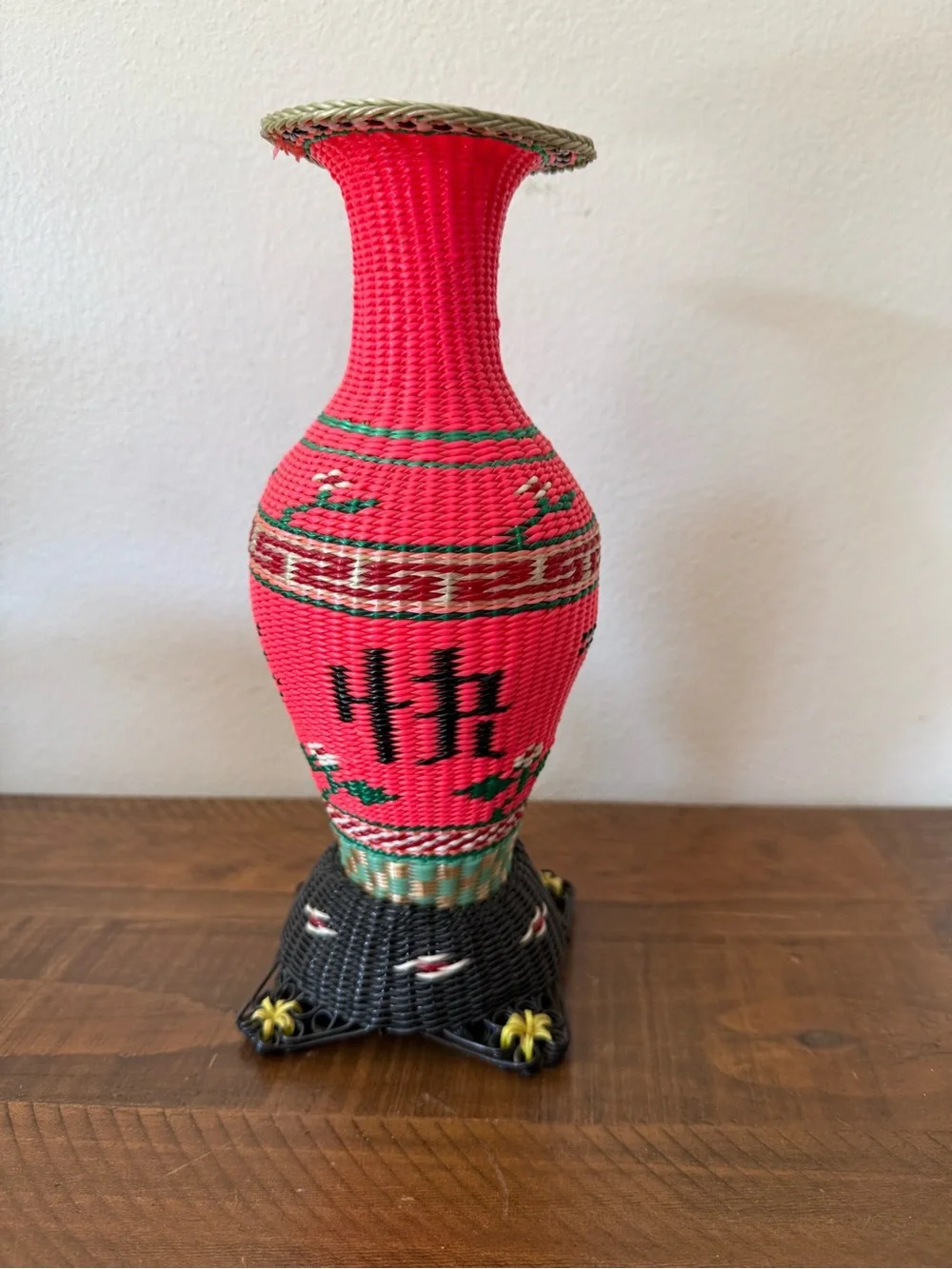 Vintage 1960s Chinese Scoubidou Woven Plastic Covered Glass Vase Bird 10” Kitsch